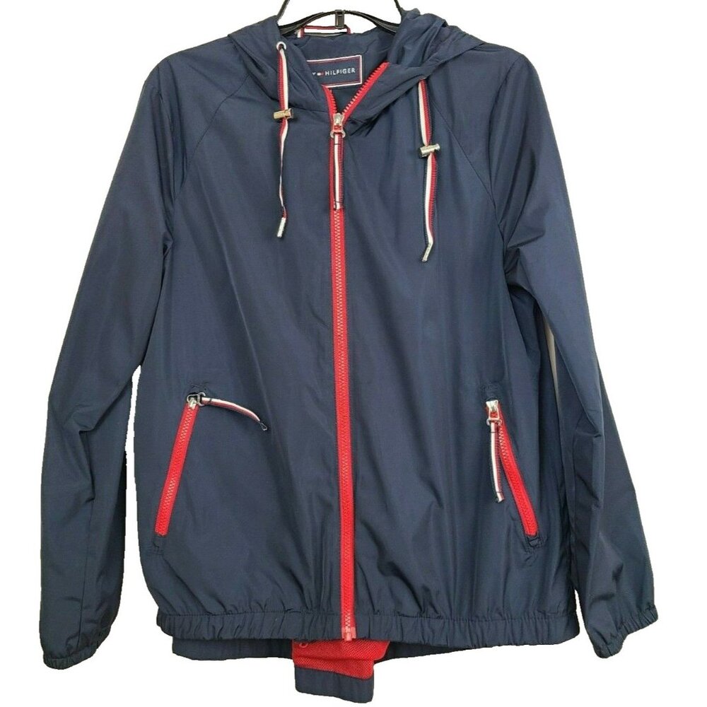 Tommy‎ Hilfiger Womens Windbreaker Jacket Small Navy Blue Zip Front Hooded